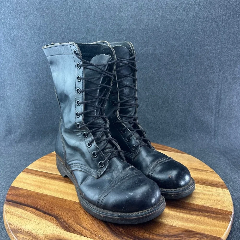 Vtg Black Leather Military Paratrooper Combat Jump Boots Cap Toe USA Made 10R